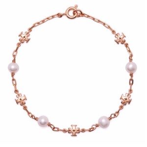 TORY BURCH • Rose Gold Kira Logo Chain Pearl Bracelet